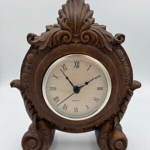 Tiger Oak Wood Resin Mantle Clock, Vintage, Free-Standing Quartz Movement, ,VGUC
